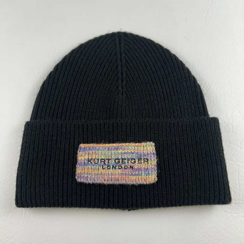 Kurt Geiger London Black Ribbed Knit Beanie Multicolor Logo Patch Cuffed Hat